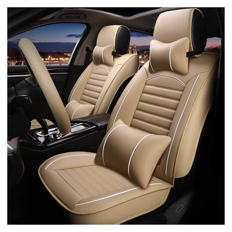 Sitzbezüge Auto,Schonbezüge Auto Universal Leder Autositz-Abdeckung for Hyundai Getz Kia Rio 3 Toyota Corolla Lada Granta for Peugeot 307 Sw Ford Focus Zubehör(Beige Have Pillow) von SJHFKDK