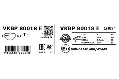 Skf Bremsbelagsatz, Scheibenbremse [Hersteller-Nr. VKBP80018E] für Audi, Seat, Skoda, VW von SKF