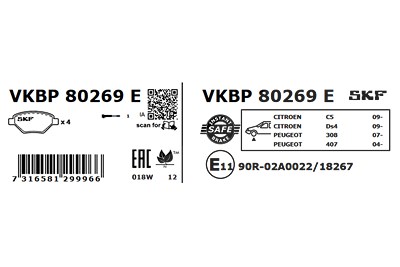 Skf Bremsbelagsatz, Scheibenbremse [Hersteller-Nr. VKBP80269E] für Ds, Citroën, Peugeot von SKF