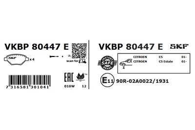 Skf Bremsbelagsatz, Scheibenbremse [Hersteller-Nr. VKBP80447E] für Citroën von SKF