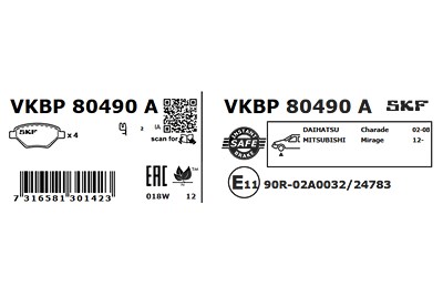 Skf Bremsbelagsatz, Scheibenbremse [Hersteller-Nr. VKBP80490A] für Daihatsu, Mitsubishi von SKF