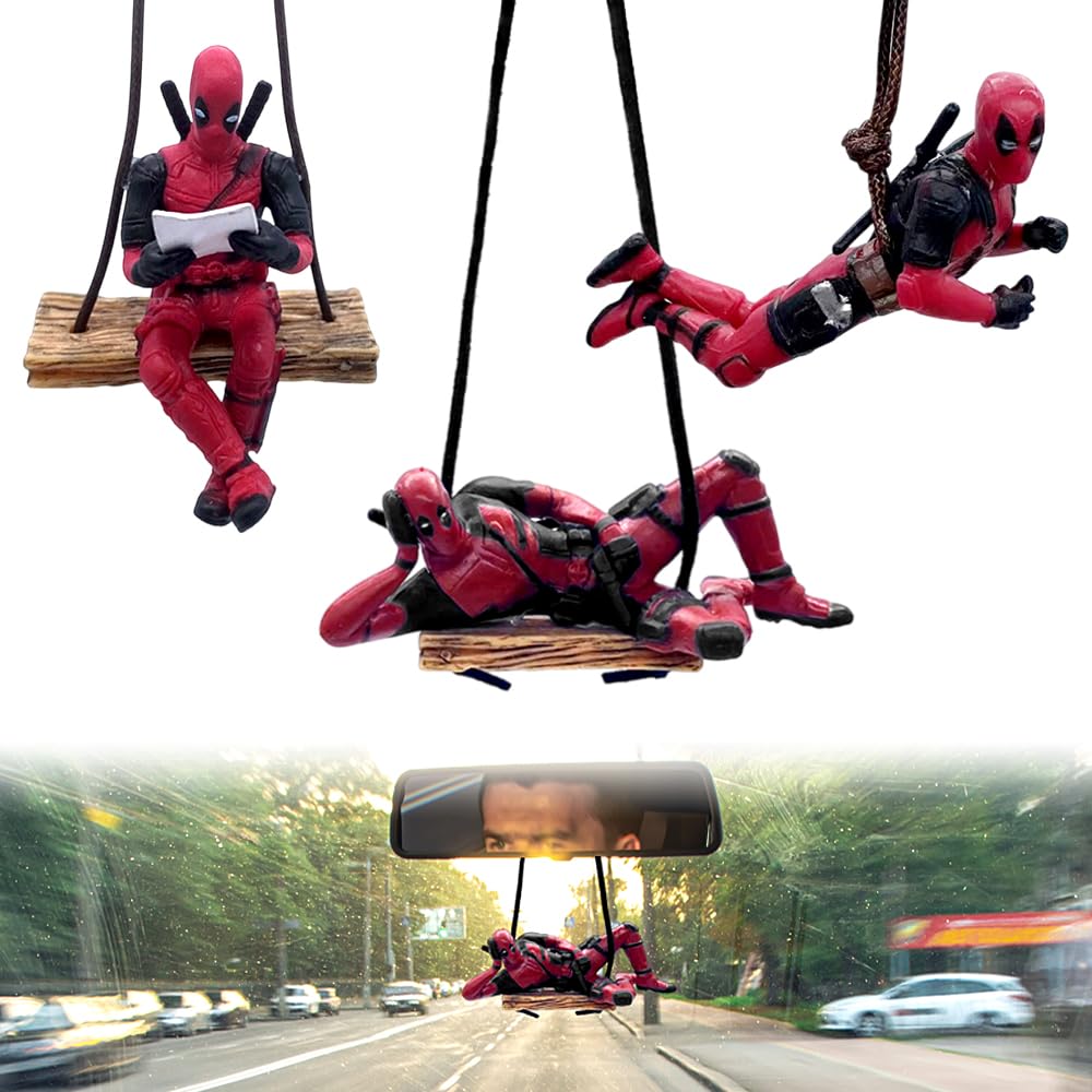 SKIKHN Auto Anhänger, 3 Stück Rückspiegel Anhänger Auto, Autospiegel Anhänger Anime-Deadpool Figur, Verstellbares Schlüsselband Autozubehör Innenraum Geeignet für Auto-Innenspiegel im Innenbereich von SKIKHN