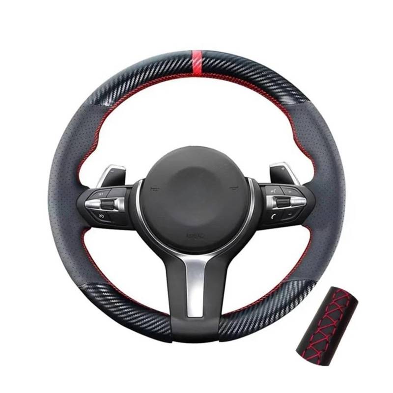 Auto Lenkradbezug DIY Nähen Carbon Faser Leder Lenkrad Abdeckung Für M3 Für M4 Für M5 Für M6 Für M240i X2 Für M35i X5 Für M X6 Für M Für M2 3 Serie Lenkradbezug(Rot) von SKINII