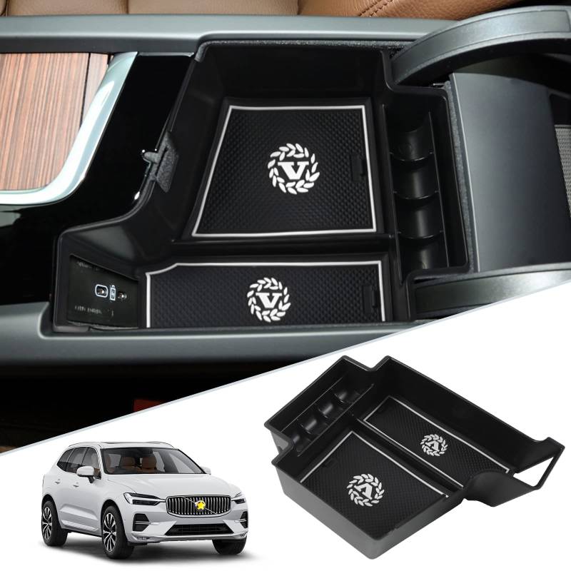 SKTU Mittelarmlehne Aufbewahrungsbox kompatibel mit Volvo XC60 XC90 V60 S60 V90 S90 2018-2022 Mittelkonsole Organizer mit Rutschfester Matte (Weiß) von SKTU