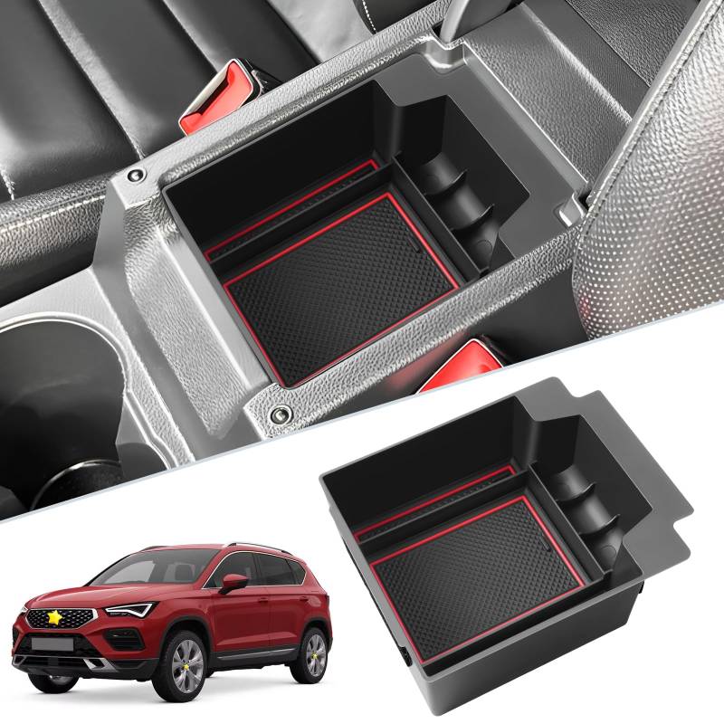 SKTU Mittelkonsole Organizer kompatibel mit SEAT Ateca 2016-2024 Handschuhfach Armlehne Ablagefach Aufbewahrungsbox (Rot) von SKTU