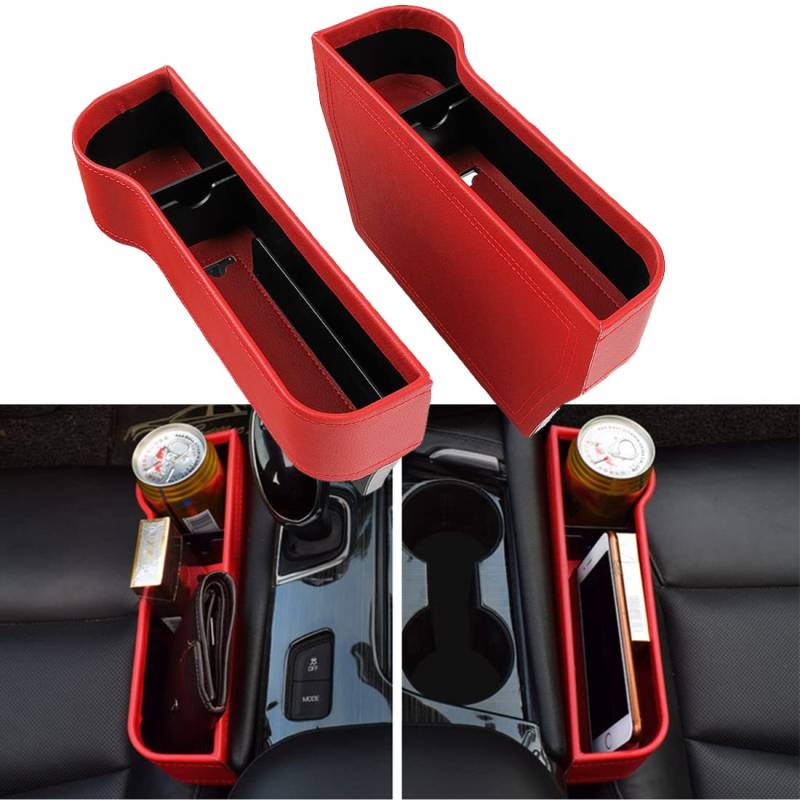 2 PCS Seitentaschen-Organizer - Autositzfüller Gap Space Console Aufbewahrungsbox Flaschenbecherhalter Münzsammler mit Loch für USB-Kabel, / Car Interior Zubehör (rotes Leder) von SKUNTUGUANG