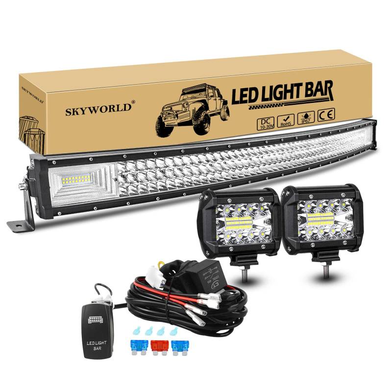 Gebogen LED Arbeitsscheinwerfer Bar, SKYWORLD 107cm 540W Led Lichtleiste Offroad Beleuchtung, 2 X 10cm 60W Zusatzscheinwerfer LED Strahler mit 12V kabelbaum Kit Auto SUV LKW 4x4 Rückfahrscheinwerfer von SKYWORLD