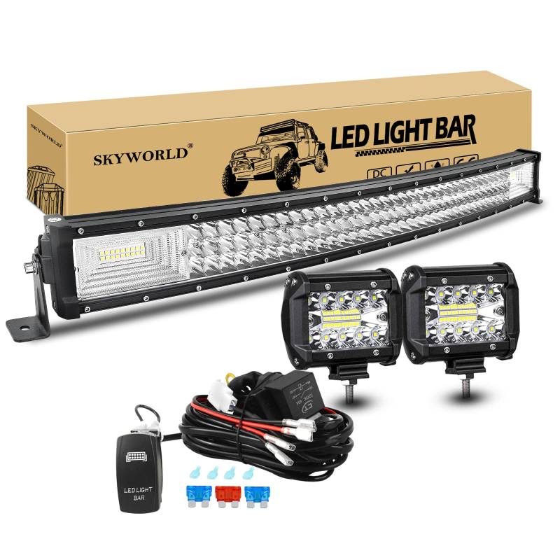 Gebogen LED Arbeitsscheinwerfer Bar, SKYWORLD 81cm 105W Led Lichtleiste Offroad Beleuchtung, 2 X 10cm 60W Zusatzscheinwerfer LED Strahler mit 12V kabelbaum Kit Auto SUV LKW 4x4 Rückfahrscheinwerfer von SKYWORLD