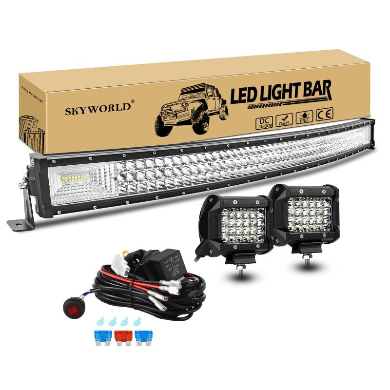 Gebogen LED Zusatzscheinwerfer Bar, SKYWORLD 107cm 540W Offroad Beleuchtung LED Arbeitsscheinwerfer, 2 X 60W Rückfahrscheinwerfer 10cm Nebelscheinwerfer mit kabelbaum für Auto SUV LKW 4x4 Fahrzeuge von SKYWORLD