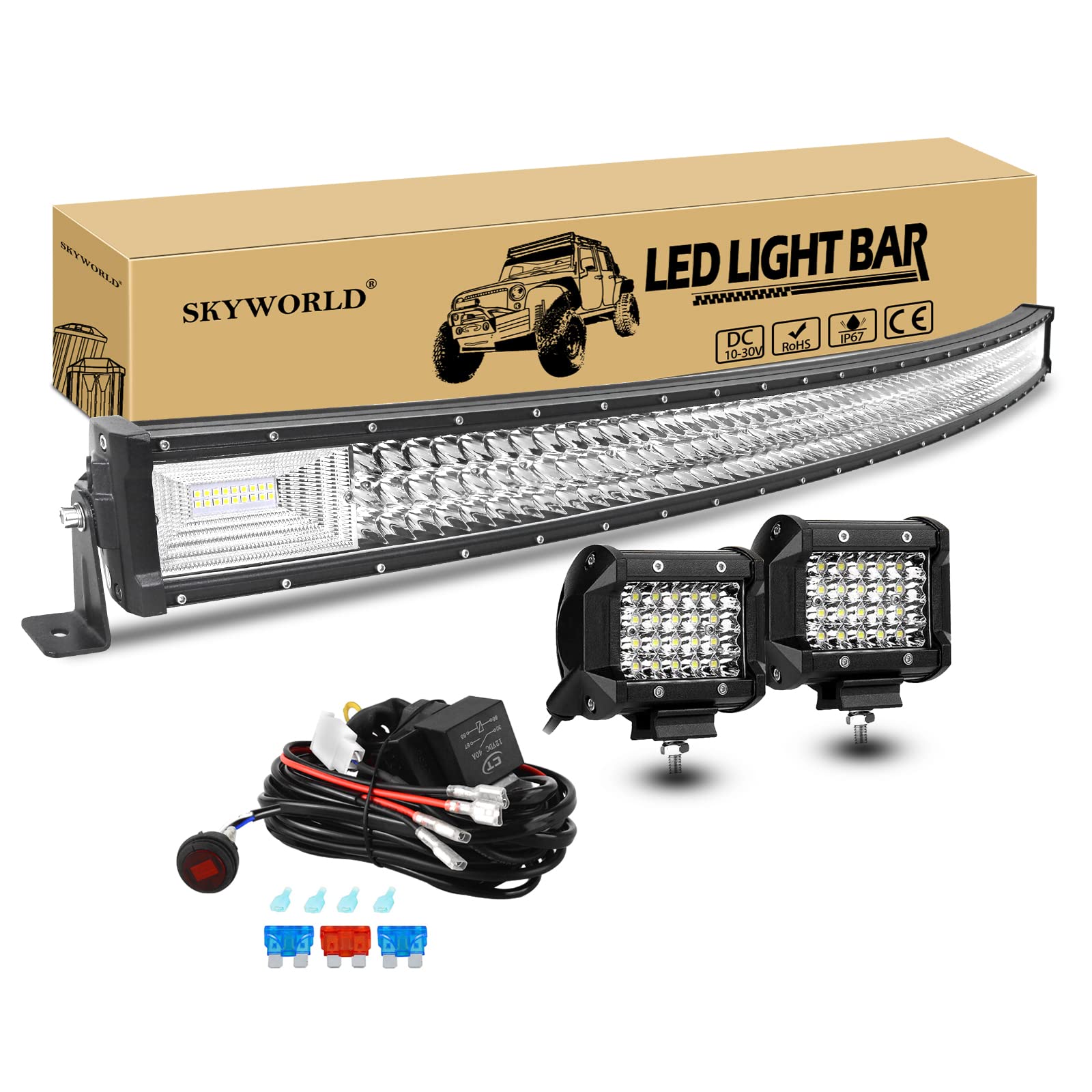 Gebogen LED Zusatzscheinwerfer Bar, SKYWORLD 132cm 675W Offroad Beleuchtung LED Arbeitsscheinwerfer, 2 X 60W Rückfahrscheinwerfer 10cm Nebelscheinwerfer mit kabelbaum für Auto SUV LKW 4x4 Fahrzeuge von SKYWORLD