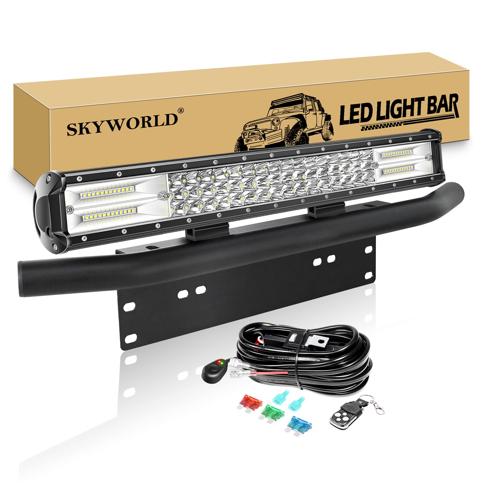 LED Arbeitsscheinwerfer Bar, SKYWORLD 51cm 288W Zusatzscheinwerfer LED Scheinwerfe, kennzeichenhalter nummernschildhalter mit 12V Blitz kabelbaum kit für Auto SUV ATV UTV LKW 4x4 Nebelscheinwerfer von SKYWORLD