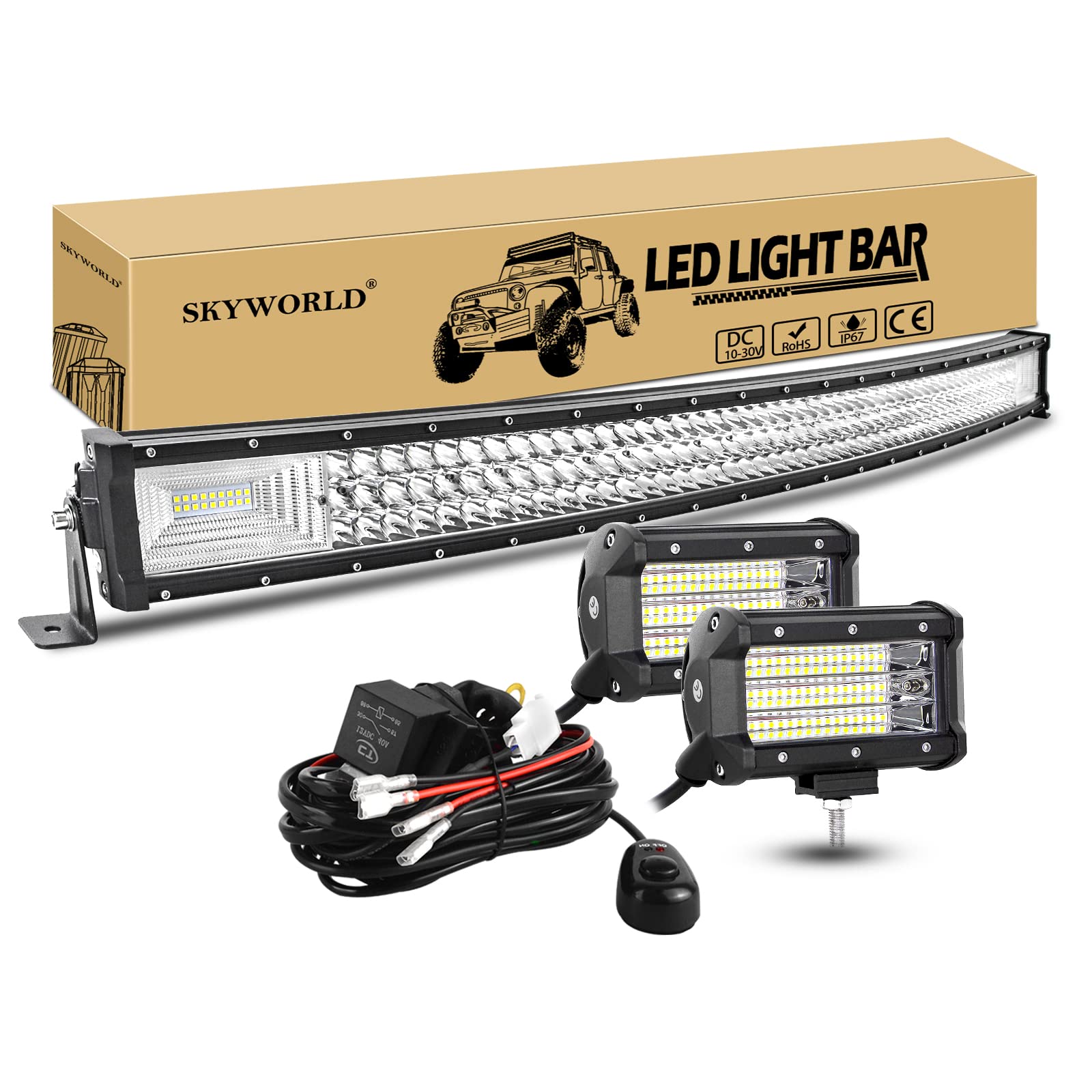 SKYWORLD 107cm 540W Gebogen LED Arbeitsscheinwerfer Bar Led Lichtleiste, 2 x 13cm 135W Auto Flutlicht Zusatzscheinwerfer Offroad Beleuchtung mit 12V kabelbaum kit für Auto LKW KFZ Traktor 4x4 von SKYWORLD