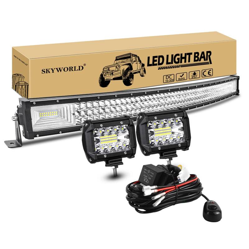 SKYWORLD 107cm 540W LED Arbeitsscheinwerfer Bar Gebogen Led Lichtleiste Offroad beleuchtung, 2x 10cm 60W Led Zusatzscheinwerfe mit 12V kabelbaum kit für Auto SUV ATV UTV LKW 4x4 Nebelscheinwerfer von SKYWORLD