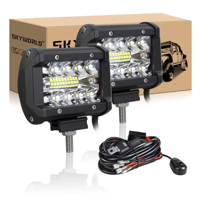 SKYWORLD 60W LED Nebelscheinwerfer 2 Stück,6000K Weiß draußen Scheinwerfer Lampe mit Kabelbaum Kabelsatz Relais Adapter,LED Offroad Zusatzscheinwerfer für 4x4 Offroad Auto Traktor SUV KFZ Fahrzeuge von SKYWORLD