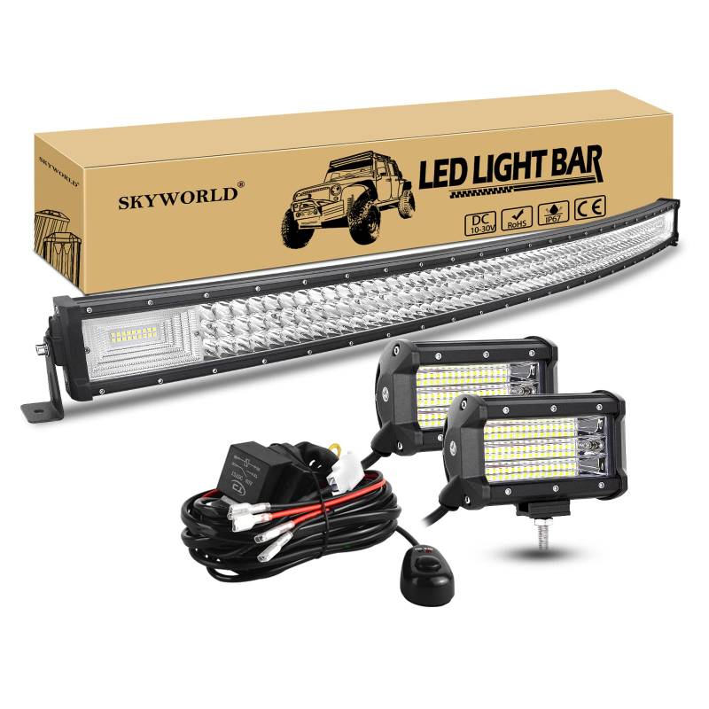 SKYWORLD 127cm 648W Gebogen LED Arbeitsscheinwerfer Bar Led Lichtleiste, 2 x 13cm 135W Auto Flutlicht Zusatzscheinwerfer Offroad Beleuchtung mit 12V kabelbaum kit für Auto LKW KFZ Traktor 4x4 von SKYWORLD