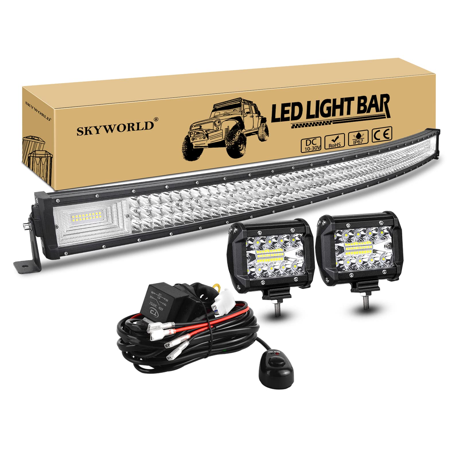 SKYWORLD 127cm 648W LED Arbeitsscheinwerfer Bar Gebogen Led Lichtleiste Offroad beleuchtung, 2x 10cm 60W Led Zusatzscheinwerfe mit 12V kabelbaum kit für Auto SUV ATV UTV LKW 4x4 Nebelscheinwerfer von SKYWORLD