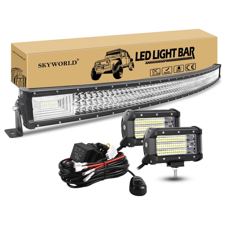 SKYWORLD 132cm 675W Gebogen LED Arbeitsscheinwerfer Bar Led Lichtleiste, 2 x 13cm 135W Auto Flutlicht Zusatzscheinwerfer Offroad Beleuchtung mit 12V kabelbaum kit für Auto LKW KFZ Traktor 4x4 von SKYWORLD