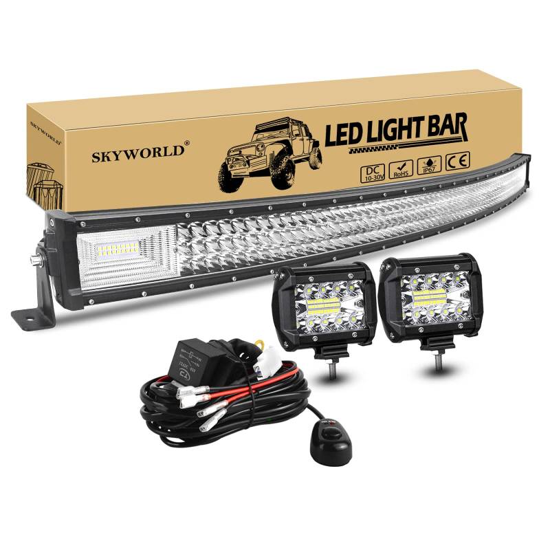 SKYWORLD 132cm 675W LED Arbeitsscheinwerfer Bar Gebogen Led Lichtleiste Offroad beleuchtung, 2x 10cm 60W Led Zusatzscheinwerfe mit 12V kabelbaum kit für Auto SUV ATV UTV LKW 4x4 Nebelscheinwerfer von SKYWORLD