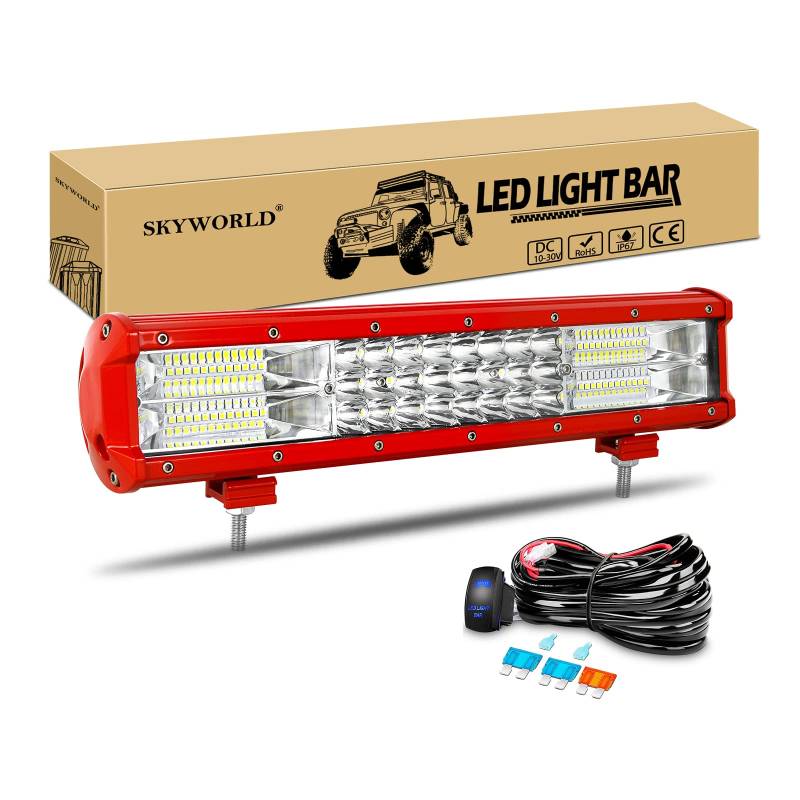 SKYWORLD 15 Zoll 216W LED Arbeitsscheinwerfer Bar Rot LED Scheinwerfer Flutlicht Reflektor Combo Arbeitslicht Zusatzscheinwerfer 4x4 Auto Offroad Traktor LKW mit ON/OFF Wippschalter Kabelbaum von SKYWORLD