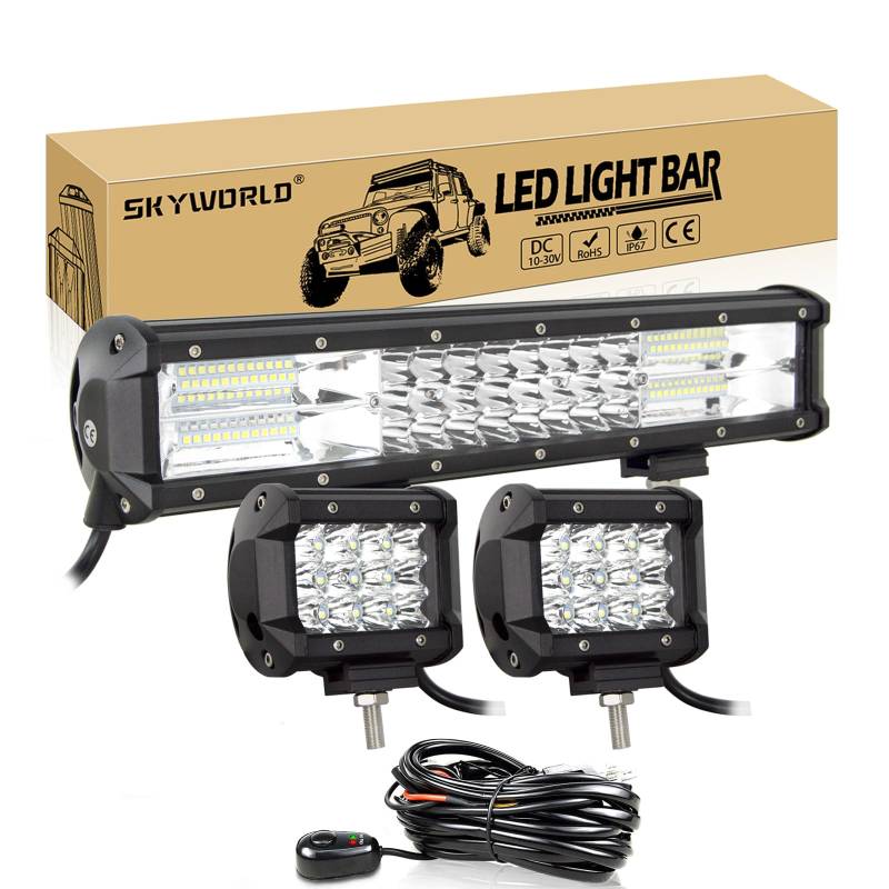 SKYWORLD 216W LED Nebelscheinwerfer 1 Stück und 36W Spot Offroad Scheinwerfer 2 Stück,Wasserdicht IP67 LED Arbeitsscheinwerfer Mit Kabelbaum Kabelsatz für Geländewagen ATV AWD SUV 4x4 Pickup von SKYWORLD