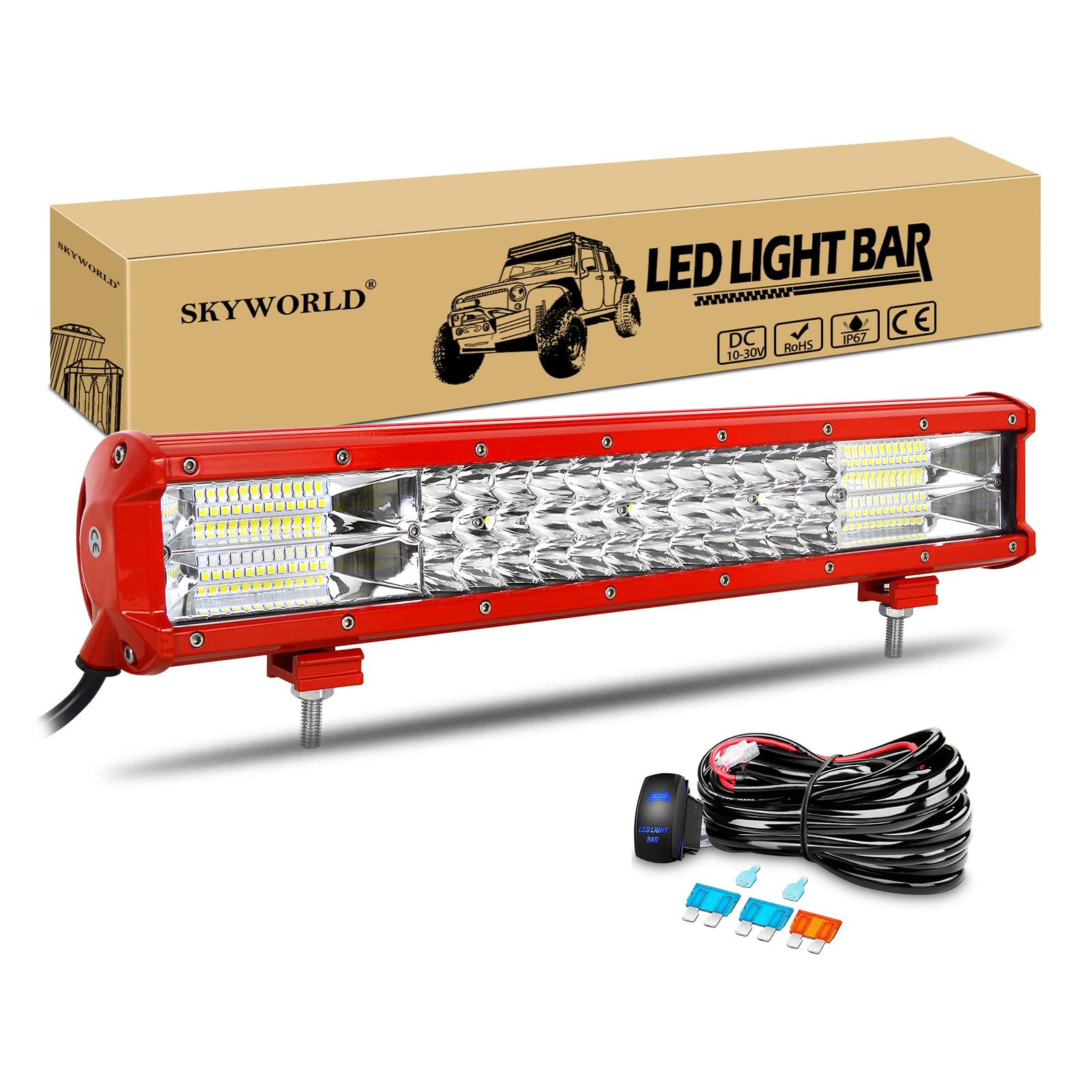 SKYWORLD 18 Zoll 252W LED Arbeitsscheinwerfer Bar Rot LED Scheinwerfer Flutlicht Reflektor Combo Arbeitslicht Zusatzscheinwerfer 4x4 Auto Offroad Traktor LKW mit ON/OFF Wippschalter Kabelbaum von SKYWORLD