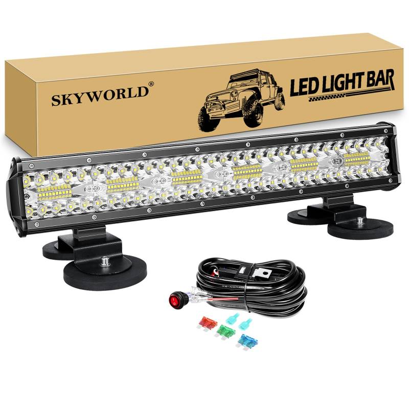 SKYWORLD 18 Zoll 46 cm 360W Led Lichtbalken Mit 12V Kabelbaum, Magnet halterungen, Offroad beleuchtung led arbeitsscheinwerfer bar für SUV ATV Traktor LKW 4x4 Auto, 6000K Weiß Nebelscheinwerfer von SKYWORLD