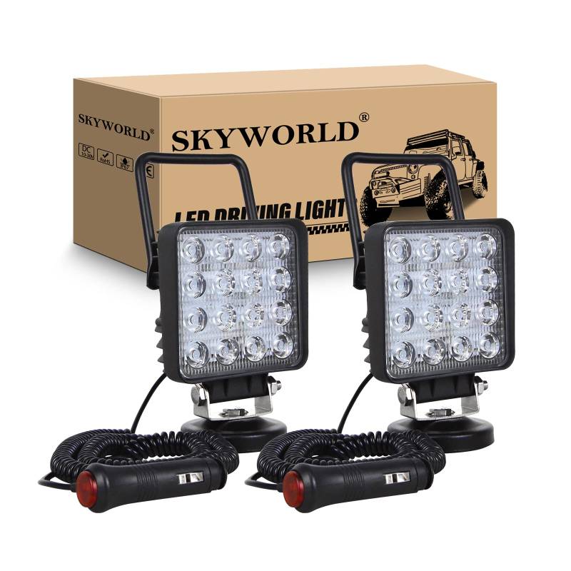 SKYWORLD 2 Pcs Led arbeitsscheinwerfer mit magnetfuß, 4 Zoll 10cm 48W Quadrat led flutstrahler offroad Beleuchtung 12V für Auto SUV ATV Traktor LKW 4x4 Boot, 6000K led suchscheinwerfer von SKYWORLD