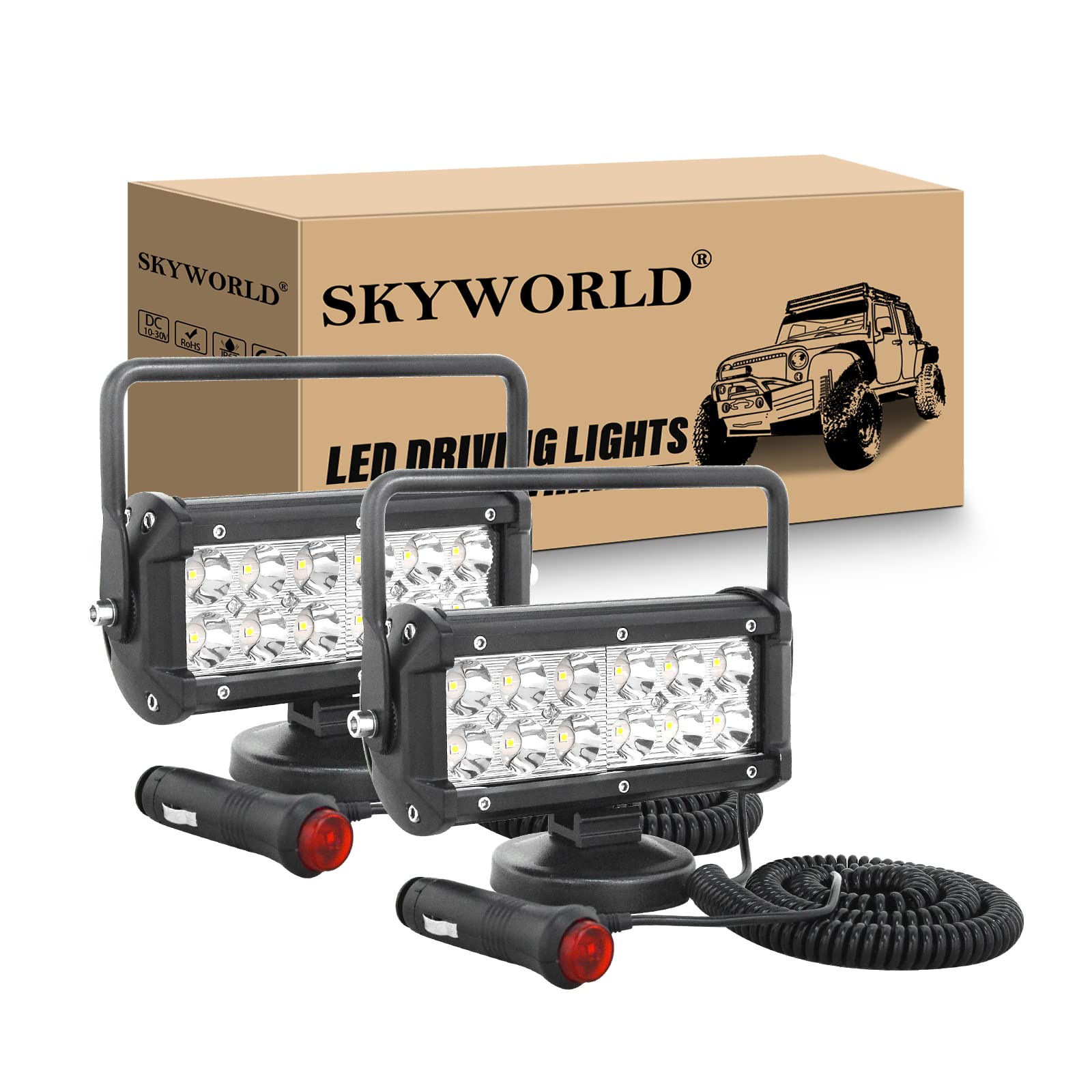 SKYWORLD 2 Pcs Led arbeitsscheinwerfer mit magnetfuß, 7 Zoll 18cm 36W led Spot Strahler offroad beleuchtung 12V 24V für Auto SUV ATV Traktor LKW 4x4 Boot,6000K led suchscheinwerfer, arbeitslicht von SKYWORLD