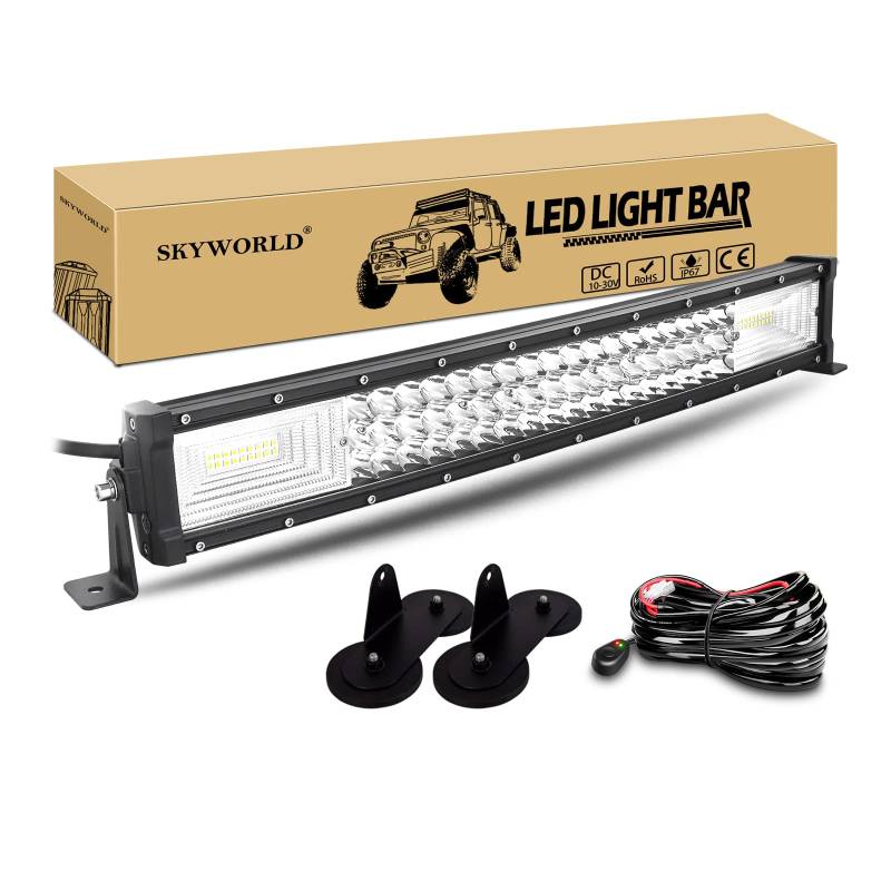 SKYWORLD 22 Zoll 270W Gebogene Triple Row 7D LED-Arbeitslicht-Bar-Spot-Flut-Kombinationsbalken, magnetische Basis-Halterung mit Kabelbaum-Kit-LKW Offroad-Fahrlampe SUV-Ute 4x4 4WD atvs utvs von SKYWORLD