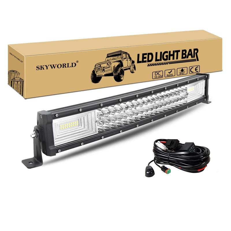 SKYWORLD 22 Zoll 56 cm 270W Gebogen LED-Lichtleiste 3-reihig Spot Flood Combo Beam Offroad Scheinwerfer Arbeitslicht mit DT-Anschluss Kabelbaum-Kit für LKW-Traktor 4X4 Auto Nebelscheinwerfer von SKYWORLD