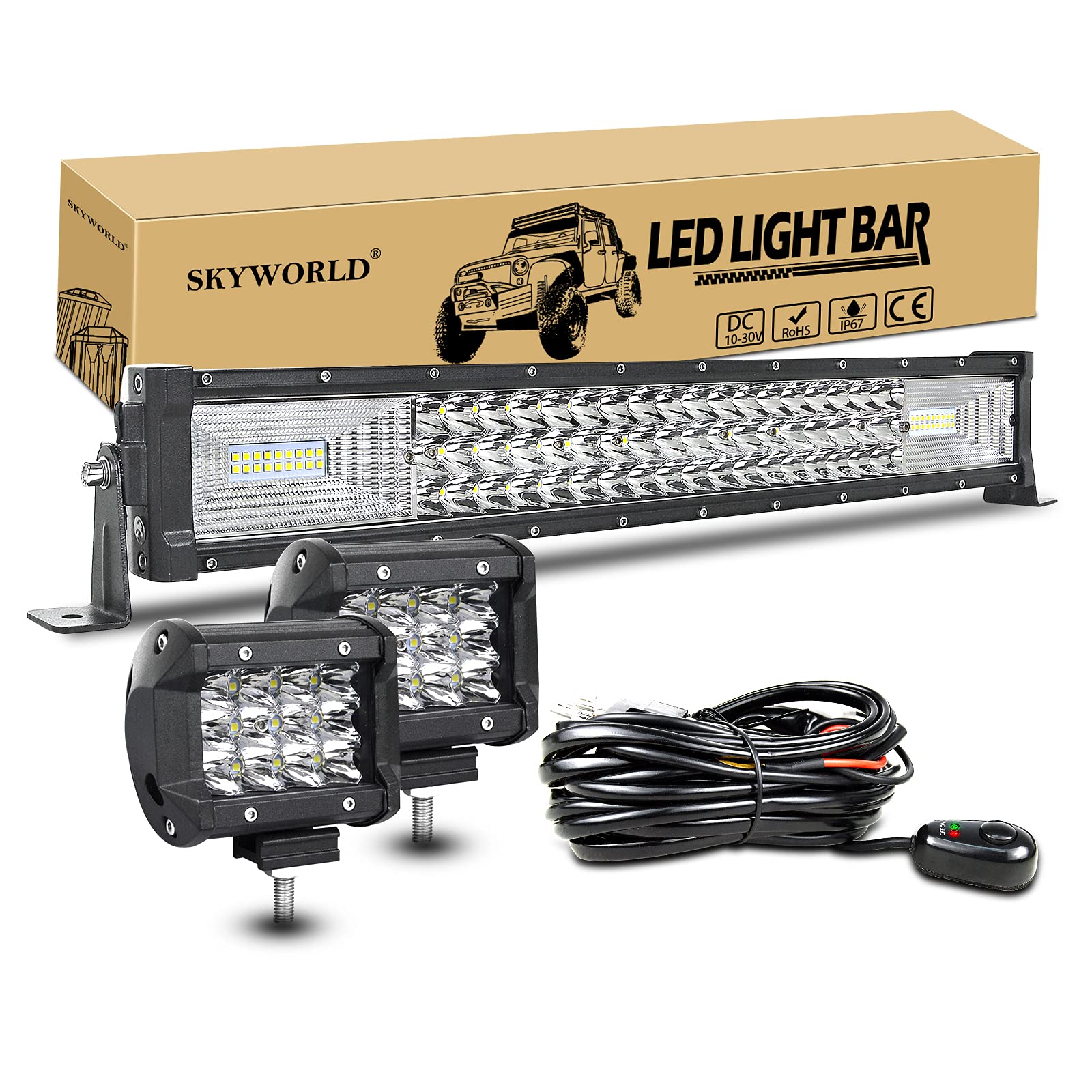 SKYWORLD 22 Zoll LED Arbeitsscheinwerfer Bar 270W Off-Road Zusazuscheinwefer 12V 24V, 2 X 4 Zoll 36W Spot Led Scheinwerfer Arbeitslichtleiste + Kabelbaum Kit für Traktor LKW ATV UTV Fahrzeuge von SKYWORLD