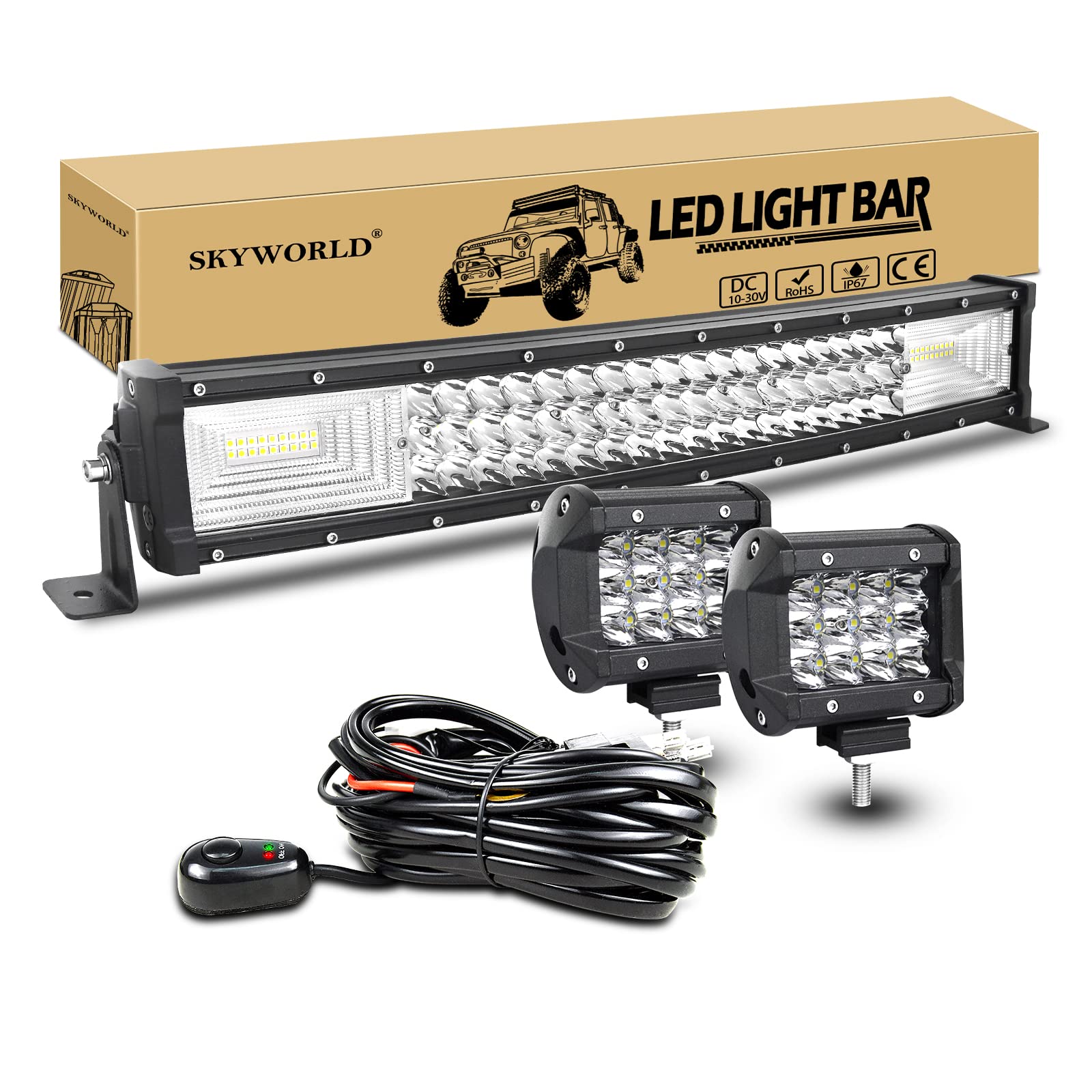 SKYWORLD 22 Zoll LED Arbeitsscheinwerfer Bar Gebogen Off-Road Zusazuscheinwefer 12V 24V, 2 X 4 Zoll Spot Led Scheinwerfer Arbeitslichtleiste + Kabelbaum Kit für 4x4 4WD Traktor LKW ATV UTV Fahrzeuge von SKYWORLD