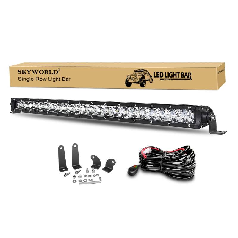 SKYWORLD 25 Zoll 63 cm 120W Spot Ultra Slim Einreihige LED Lichtleiste mit Kabelbaumsatz für Offroad Ranger 4x4 4WD ATV UTV SUV-Stoßstange Frontgrill Lufteinlass LED-Arbeitsleuchte 12V 24V von SKYWORLD