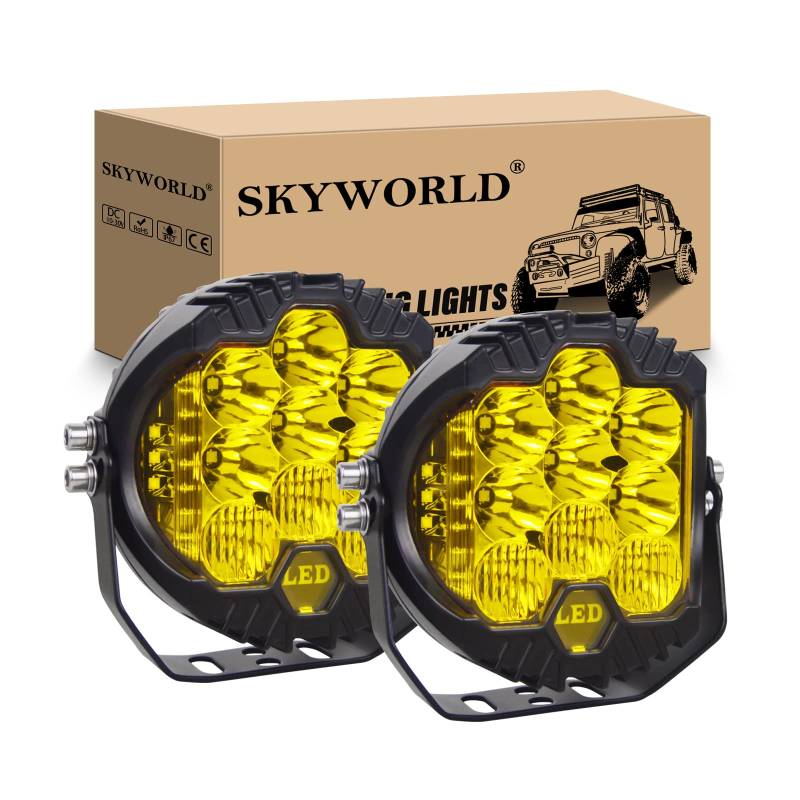 SKYWORLD 2Pcs 7 Zoll 17.5CM 75W LED Arbeitsscheinwerfer Offroad Scheinwerfer LED Combo Side Shooter Bestrahlung LED Fahrlicht 12V 24V für Auto Motorrad 4x4 Traktor LKW PKW ATV SUV UTV, 3000K Gelb von SKYWORLD