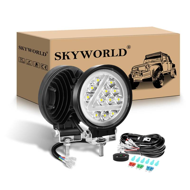 SKYWORLD 2Pcs Auto Quad Scheinwerfer mit 12V kabelbaum kit, 4 Zoll 10cm 36W Offroad beleuchtung Weißer Bernstein Spot Rückfahrscheinwerfer für SUV ATV Traktor KFZ LKW 4x4, led arbeitslicht von SKYWORLD