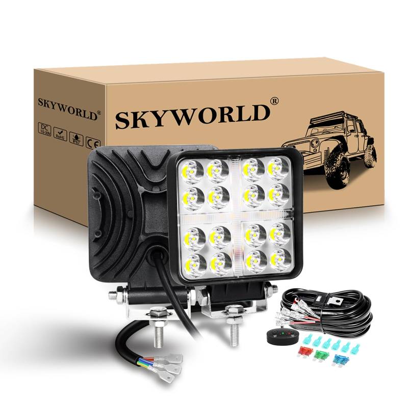 SKYWORLD 2Pcs Auto Quad Scheinwerfer mit 12V kabelbaum kit, 4 Zoll 48W Weißer Bernstein LED Arbeitsscheinwerfer Spotlight Offroad Beleuchtung für SUV ATV Traktor KFZ LKW 4x4, Led Nebelscheinwerfer von SKYWORLD