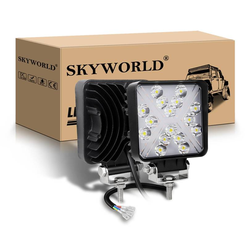 SKYWORLD 2Pcs LED Arbeitsscheinwerfer, 4 Zoll 10cm 48W Quadrat LED Zusatzscheinwerfer 12V 24V Weißer Bernstein Spotlight Offroad Scheinwerfer für SUV ATV Traktor KFZ LKW 4x4, Led Arbeitslicht von SKYWORLD