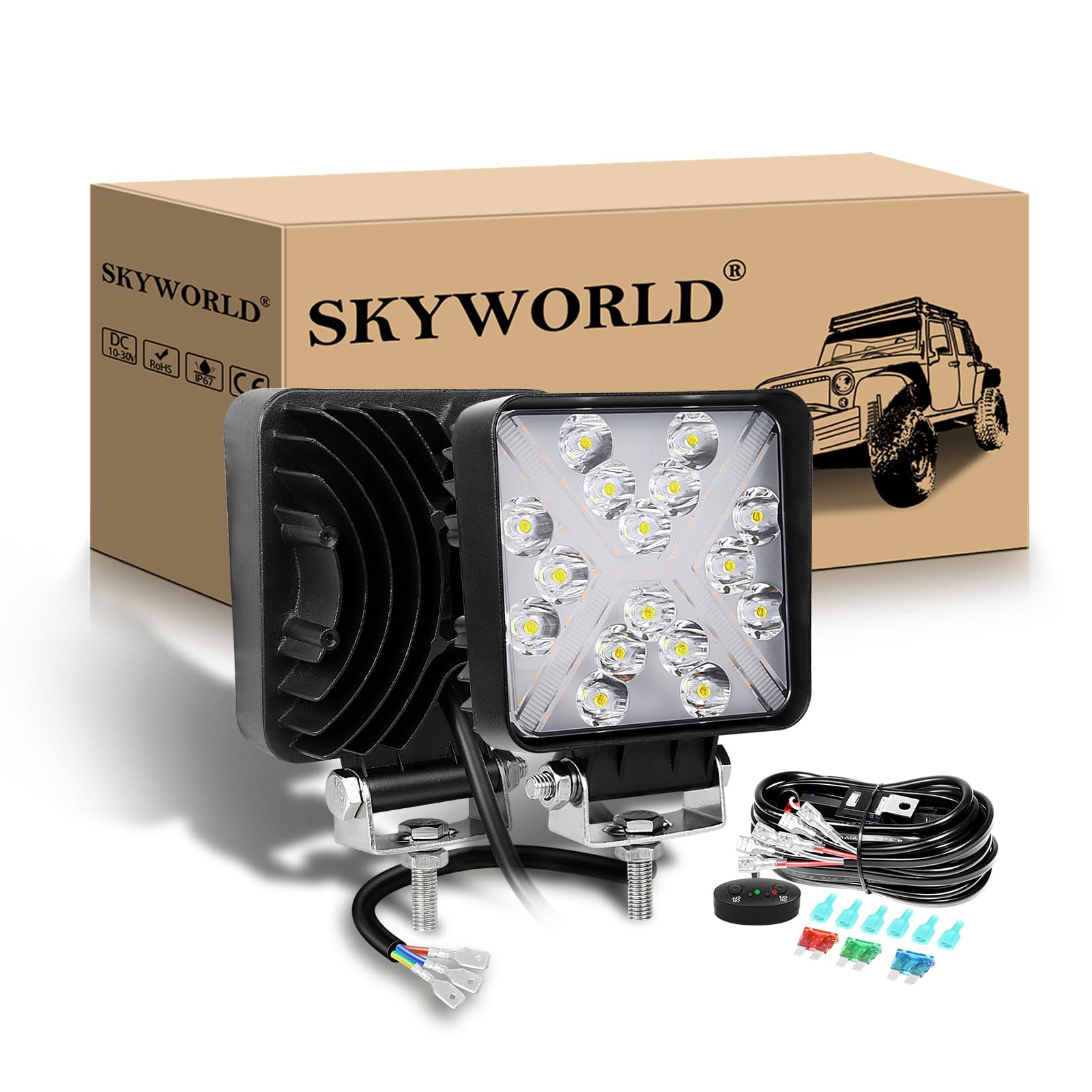 SKYWORLD 2Pcs LED Arbeitsscheinwerfer mit 12V kabelbaum kit, 4 Zoll 10cm 48W Quadrat LED Zusatzscheinwerfer Weißer Bernstein Offroad Scheinwerfer für SUV ATV Traktor KFZ LKW 4x4, Led Arbeitslicht von SKYWORLD