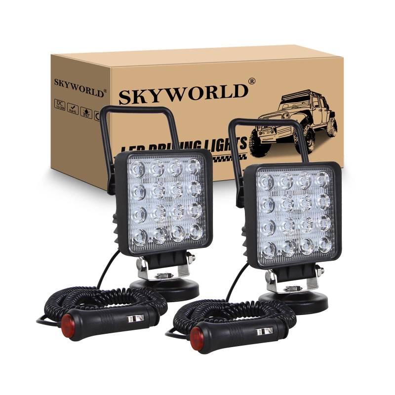 SKYWORLD 2Pcs Led arbeitsscheinwerfer mit magnetfuß, 4 Zoll 10cm 48W Quadrat led Spot Strahler offroad beleuchtung 12V für Auto SUV ATV Traktor LKW 4x4 Boot, 6000K led suchscheinwerfer von SKYWORLD