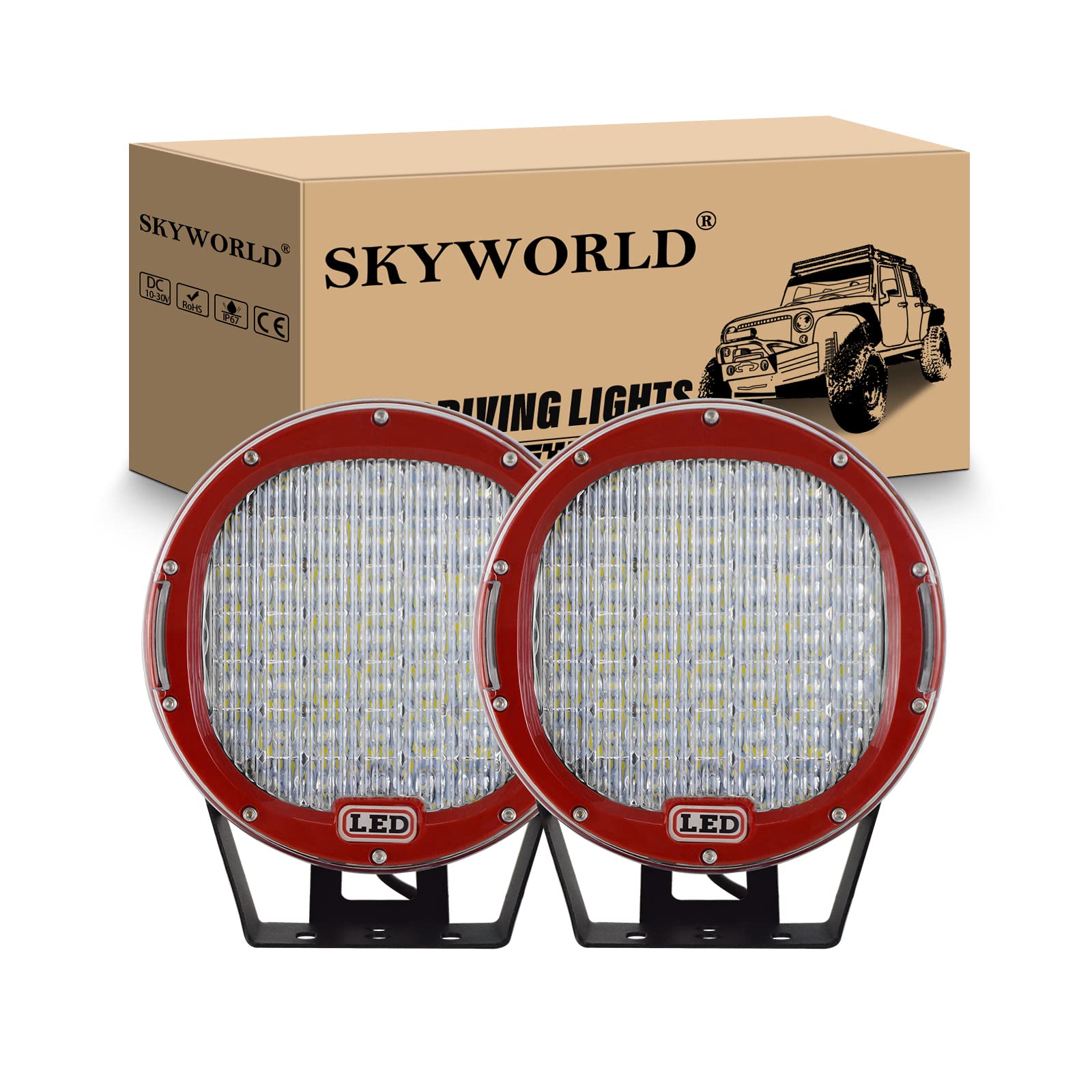 SKYWORLD 2Pcs Scheinwerfer LED Arbeitsscheinwerfer 12V, 9 Zoll 23cm 225W LED Flutstrahler Rot Auto Runde Arbeitslicht Offroad Beleuchtung für SUV ATV Traktor LKW 4x4 6000K Weiße Nebelscheinwerfer von SKYWORLD