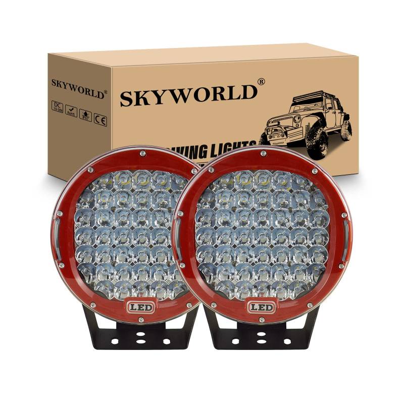 SKYWORLD 2Pcs Scheinwerfer LED Arbeitsscheinwerfer 12V, 9 Zoll 23cm 225W Spot Strahler Rot Auto Runde LED Arbeitslicht Offroad Beleuchtung für SUV ATV Traktor LKW 4x4 6000K Weiße Nebelscheinwerfer von SKYWORLD