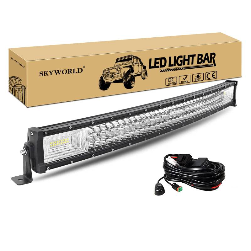 SKYWORLD 32 Zoll 82 cm 405W Gebogen LED-Lichtleiste 3-reihig Spot Flood Combo Beam Offroad Scheinwerfer Arbeitslicht mit DT-Anschluss Kabelbaum-Kit für LKW-Traktor 4X4 Auto Nebelscheinwerfer von SKYWORLD