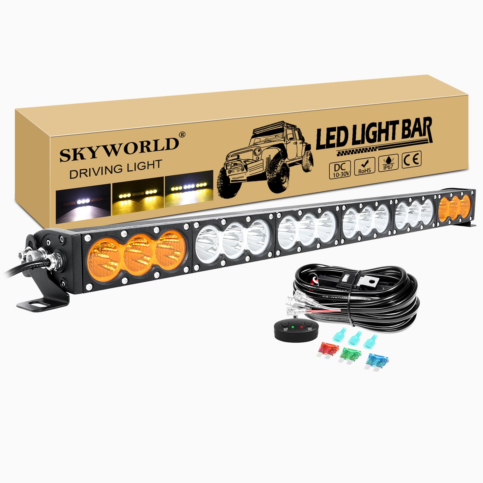 SKYWORLD 33" 83cm 180W Led Arbeitsscheinwerfer Bar mit 12V Kabelbaum kit, Weiß Amber Led Arbeit Licht Bar Offroad Zusatzscheinwerfer für Auto ATV LKW KFZ Traktor Fahrzeuge 4x4 lightbar von SKYWORLD