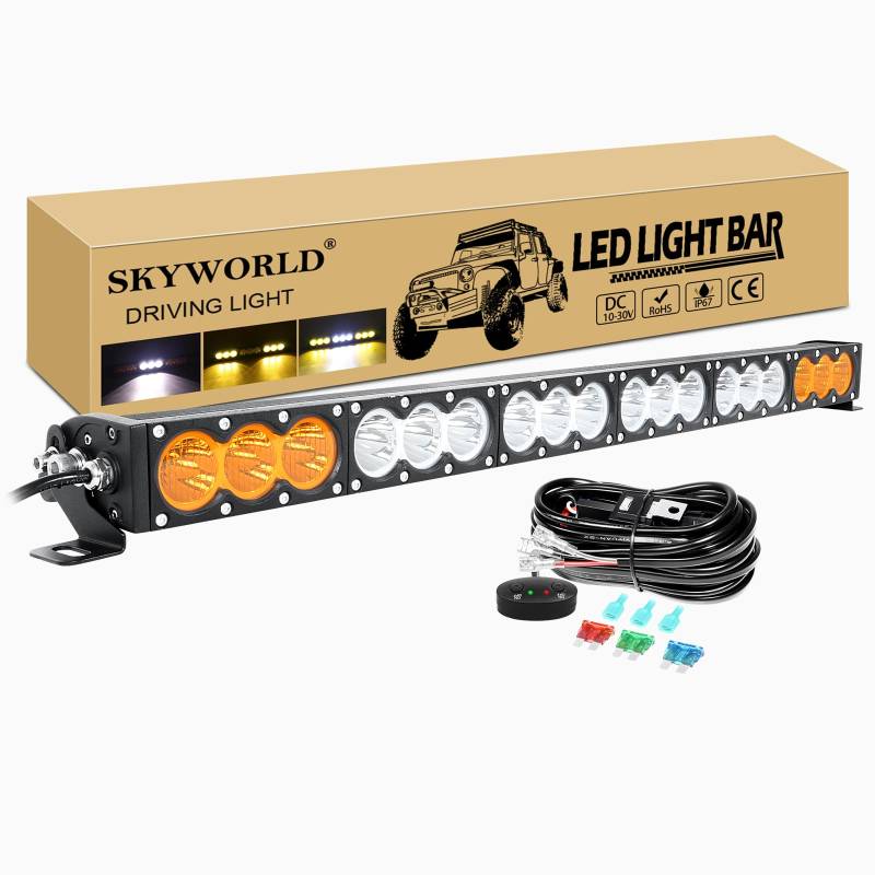 SKYWORLD 33" 83cm 180W Led Arbeitsscheinwerfer Bar mit 12V Kabelbaum kit, Weiß Amber Led Arbeit Licht Bar Offroad Zusatzscheinwerfer für Auto ATV LKW KFZ Traktor Fahrzeuge 4x4 lightbar von SKYWORLD