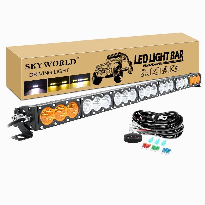 SKYWORLD 38" 96cm 210W Led Arbeitsscheinwerfer Bar mit 12V Kabelbaum kit, Weiß Amber Led Arbeit Licht Bar Offroad Zusatzscheinwerfer für Auto ATV LKW KFZ Traktor Fahrzeuge 4x4 lightbar von SKYWORLD