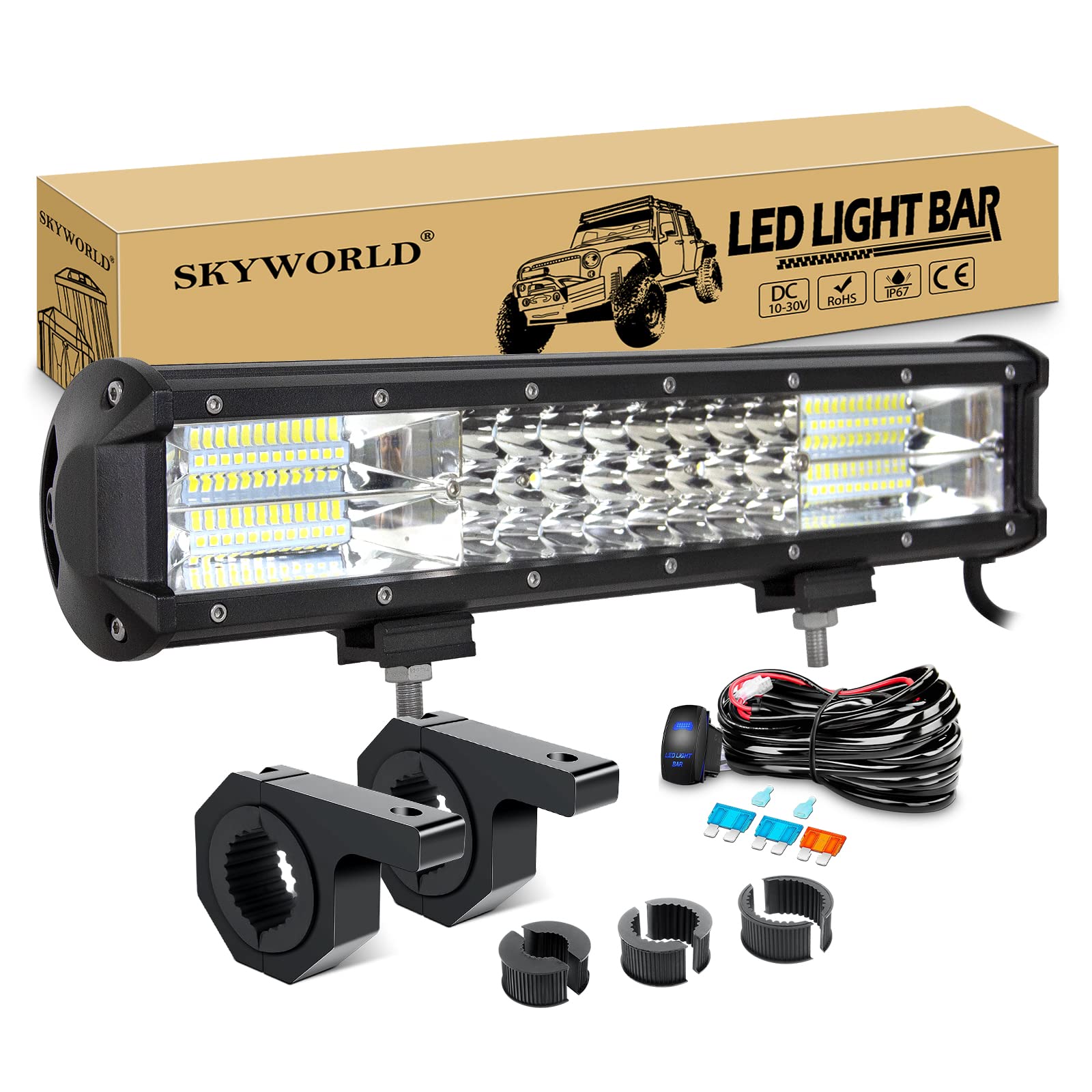 SKYWORLD 38cm 216W LED Arbeitsscheinwerfer Bar Off-Road Zusazuscheinwefer 12V 24V, Bull Bar Arbeitsleuchten Halterung 23/35/50MM + Rocker Kabelbaum Kit für 4x4 4WD Traktor LKW ATV UTV Auto von SKYWORLD