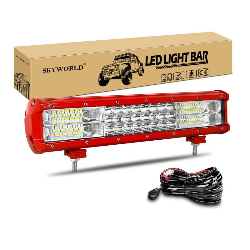 SKYWORLD 38cm 216W LED Arbeitsscheinwerfer Bar Rot LED Scheinwerfer 12V 24V 6000K Flutlicht Reflektor Combo Arbeitslicht Zusatzscheinwerfer mit Kabelbaum für Auto Offroad Traktor SUV UTV ATV von SKYWORLD