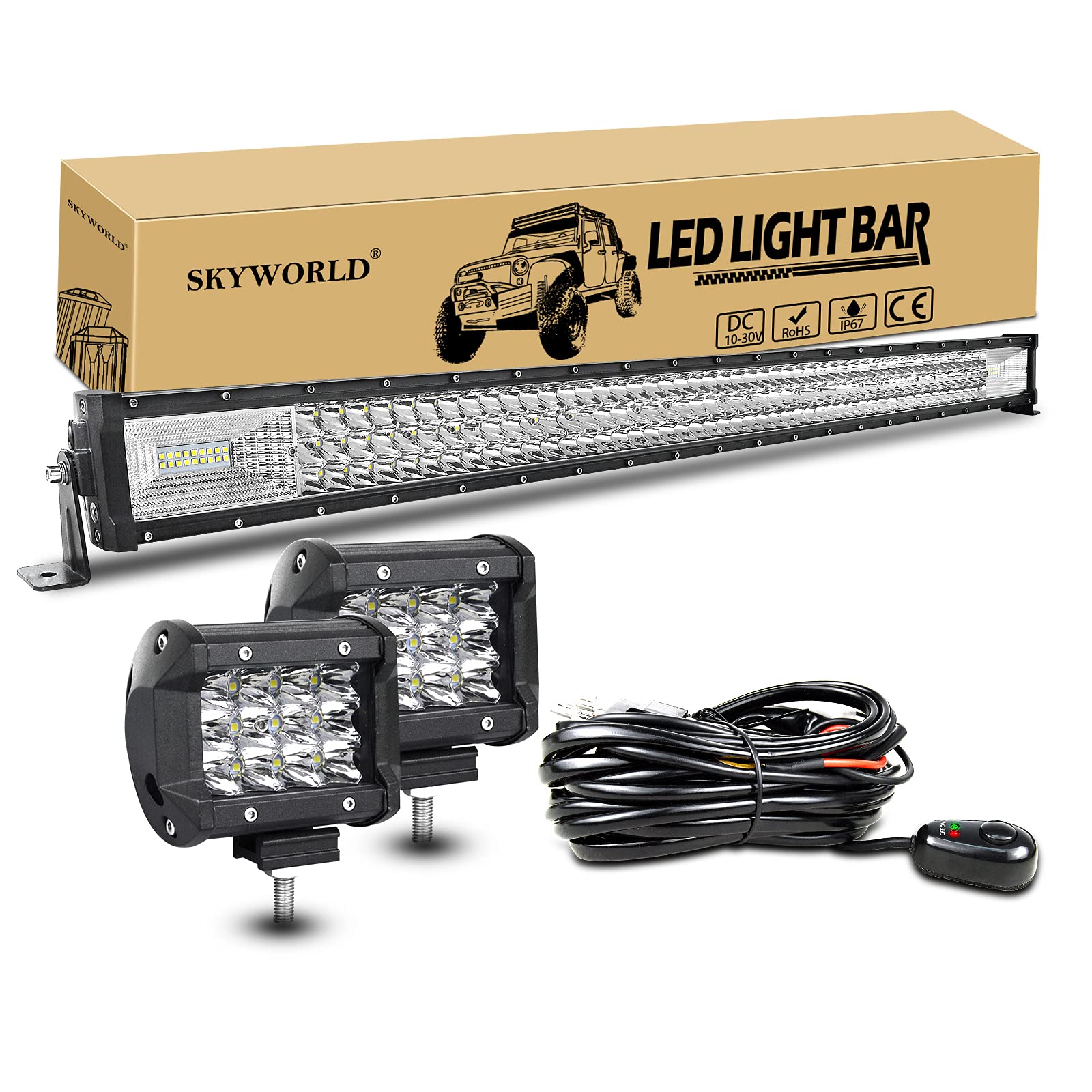 SKYWORLD 42 Zoll LED Arbeitsscheinwerfer Bar 540W Off-Road Zusazuscheinwefer 12V 24V, 2 X 4 Zoll 36W Spot Led Scheinwerfer Arbeitslichtleiste + Kabelbaum Kit für Traktor LKW ATV UTV Fahrzeuge von SKYWORLD