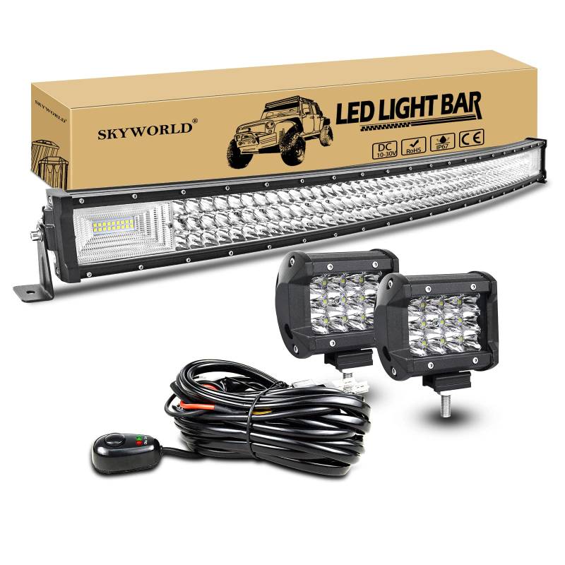 SKYWORLD 42 Zoll LED Arbeitsscheinwerfer Bar Gebogen Off-Road Zusazuscheinwefer 12V 24V, 2 X 4 Zoll Spot Led Scheinwerfer Arbeitslichtleiste + Kabelbaum Kit für 4x4 4WD Traktor LKW ATV UTV Fahrzeuge von SKYWORLD