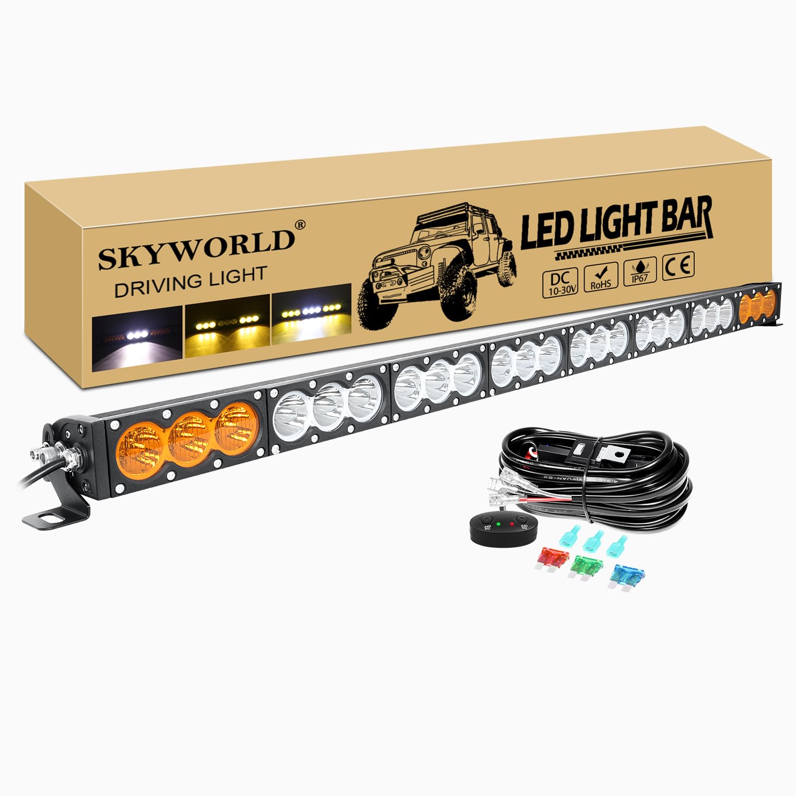 SKYWORLD 44" 110cm 240W Led Arbeitsscheinwerfer Bar mit 12V Kabelbaum kit, Weiß Amber Led Arbeit Licht Bar Offroad Zusatzscheinwerfer für Auto ATV LKW KFZ Traktor Fahrzeuge 4x4 lightbar von SKYWORLD